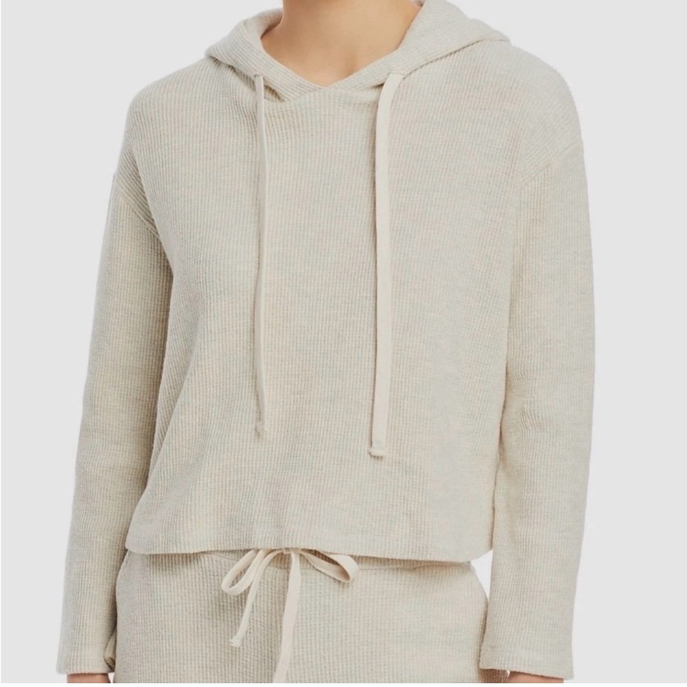 Monrow Neutral Waffle-Knit Hooded Pullover in Light Beige